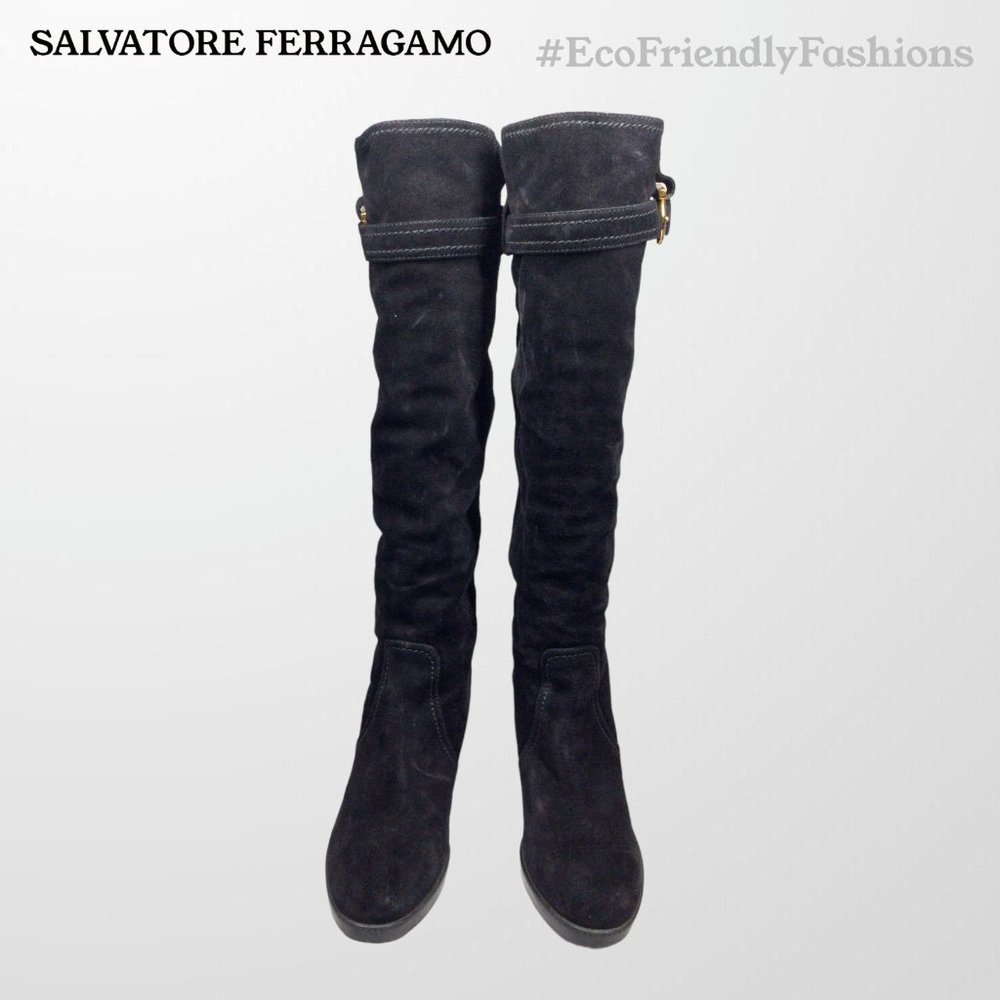 Salvatore Ferragamo Black Suede Over-The-Knee Boots with Buckle Detail